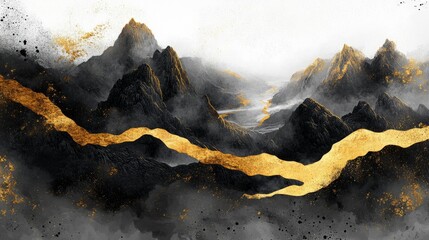 Abstract black and gold watercolor background with mountains