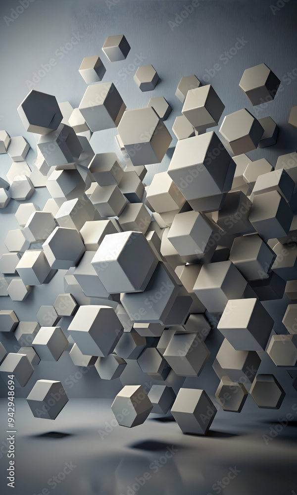 Poster hexagon dreams: a mesmerizing abstract design featuring a swarm of hexagonal shapes floating in a dr