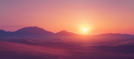 Obraz premium Stunning Sunset Over Serene Desert Landscape with Distant Mountains and Vibrant Sky