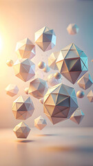 Abstract Geometric Sculpture:  A mesmerizing cluster of floating, geometric shapes in muted pastel hues against a soft gradient background.  The interplay of light and shadow creates a sense of depth 