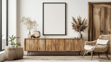 Modern Scandinavian Living Room Interior with Wooden Furniture and Minimalist Decor