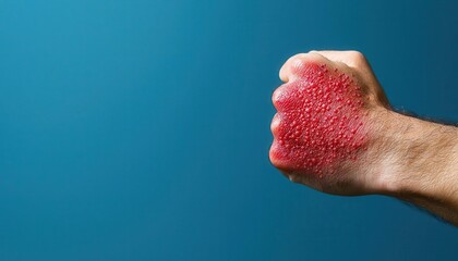 Close-up of a person's skin showing red, inflamed rashes and pustules associated with Monkeypox virus infection, with a medical backdrop, emphasizing the severity of the symptoms
