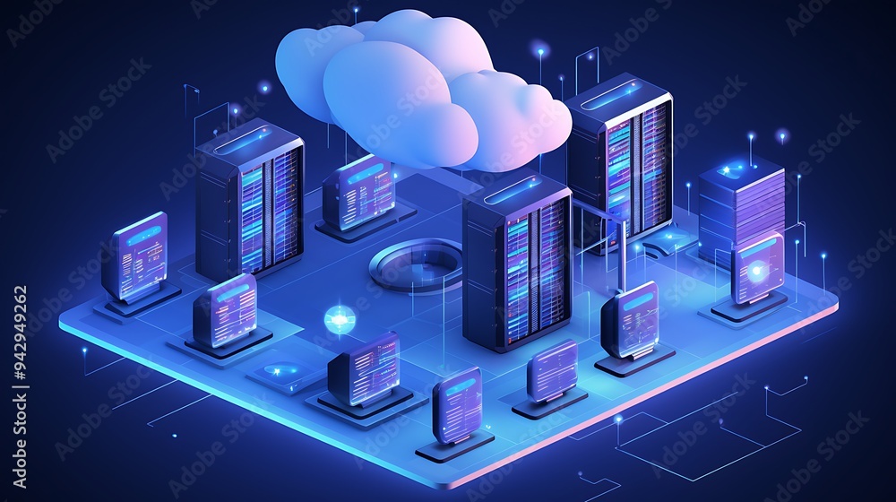 Aufkleber isometric data center with cloud technology and interconnected devices