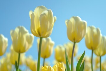 Yellow Tulips in Dutch Field Under Blue Sky. A Close-up View of Many Yellow Tulips in Holland