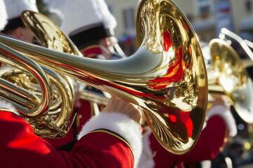 Close-up of Brass Instruments in a Festive Marching Band Parade with Reflective Details