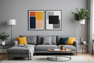 Elegnat living room interior design with mock up poster frame, grey corner sofa, coffee table and personal accessories