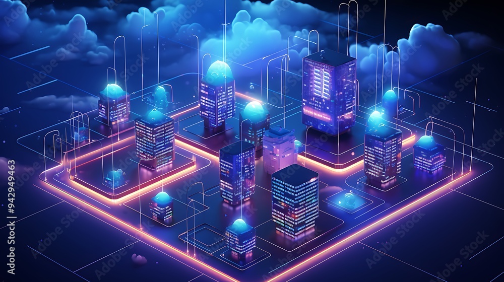 Poster isometric data center with cloud technology and interconnected devices