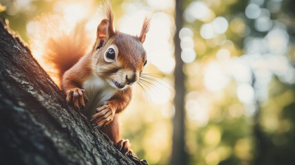 Fototapeta premium A cute young red squirrel in a natural park, bathed in warm morning light. The playful squirrel, curious about its surroundings, is colorful and engaging as it jumps, climbs trees, runs, and eats.