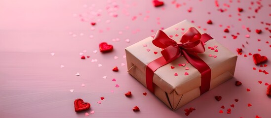 A beautifully wrapped gift box with a red ribbon, surrounded by heart-shaped confetti on a pink surface, symbolizing love and romance.