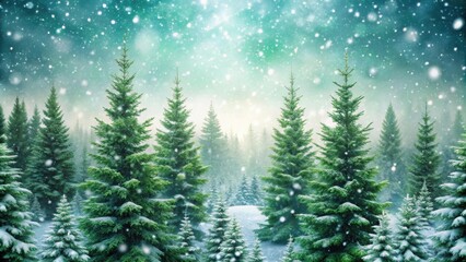 Fototapeta premium Snow gently falling on a forest of green fir trees, winter, cold, nature, white, snowflakes, Christmas, peaceful