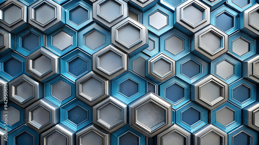 Poster metallic hive: a mesmerizing pattern of blue and silver hexagons creates a futuristic and abstract b