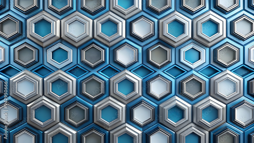 Poster metallic hive: a mesmerizing pattern of blue and silver hexagons creates a futuristic and abstract b