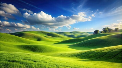 Obraz premium Rolling hills covered in vibrant green grass under a clear blue sky, joyful, happiness, nature, landscape, peaceful