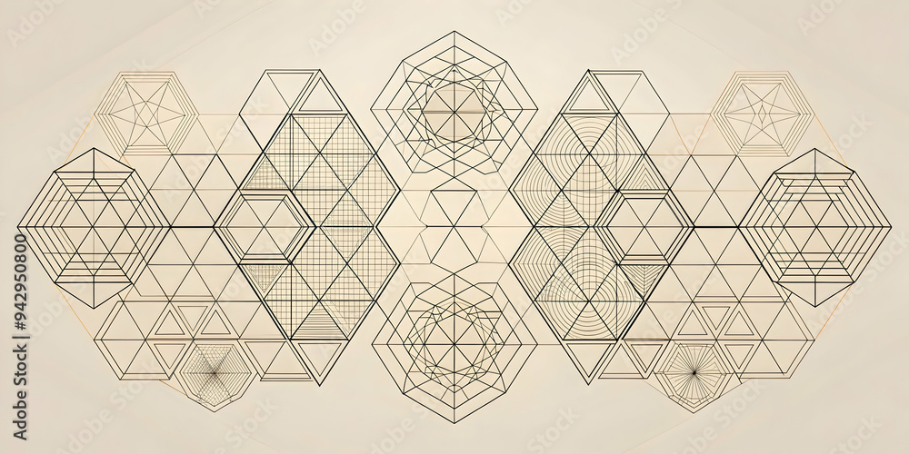 Poster geometric harmony in sepia: an intricate tapestry of interconnected hexagons and geometric shapes, r