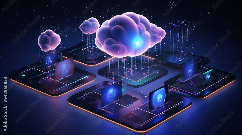 Poster modern cloud data exchange between devices in a 3d isometric style