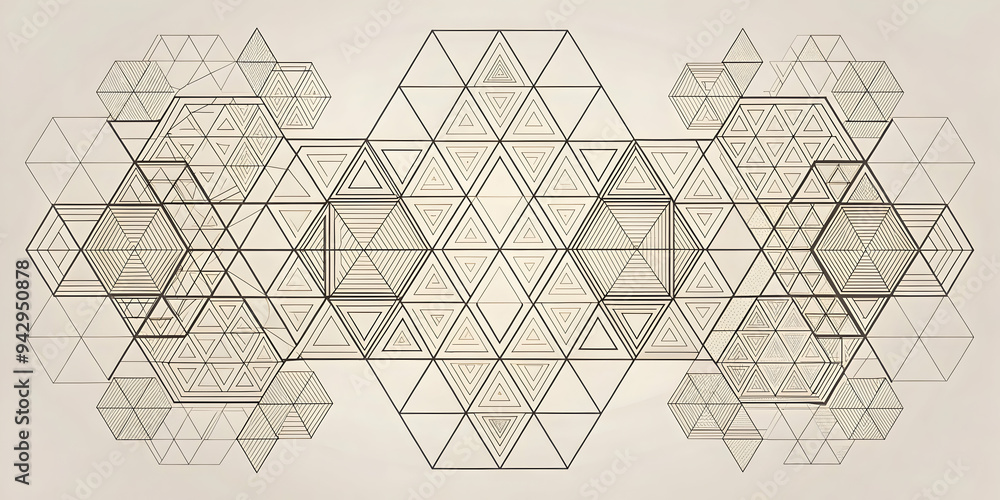 Poster geometric harmony in sepia: an intricate tapestry of interconnected hexagons and geometric shapes, r