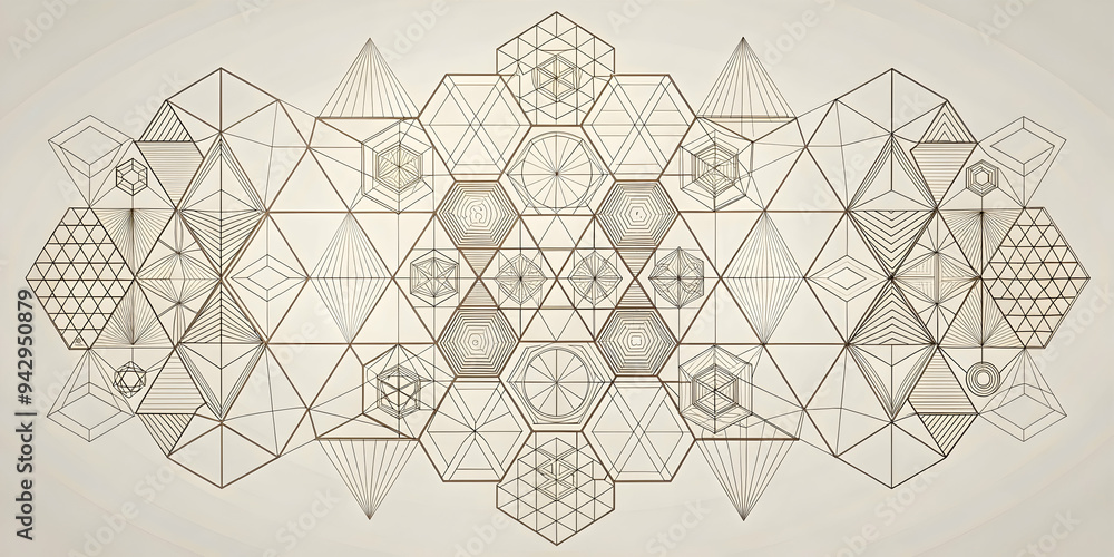 Poster geometric harmony in sepia: an intricate tapestry of interconnected hexagons and geometric shapes, r