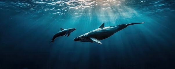 Fototapeta premium Mother whale and calf swimming together in serene blue waters, captured from a low angle to emphasize their bond and the ocean s expanse - Whale, Marine Life, Nature Photography