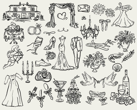 Whimsical Wedding - handdrawn illustration set for a magical wedding design 