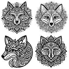 Obraz premium Ornamental fox face illustrations, black and white, vector art, intricate patterns, tattoo designs