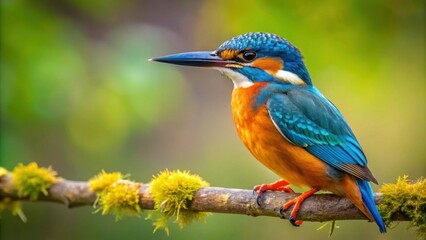 Obraz premium Vibrant image of a colorful kingfisher perched on a branch in a peaceful natural setting, kingfisher, bird, wildlife, nature