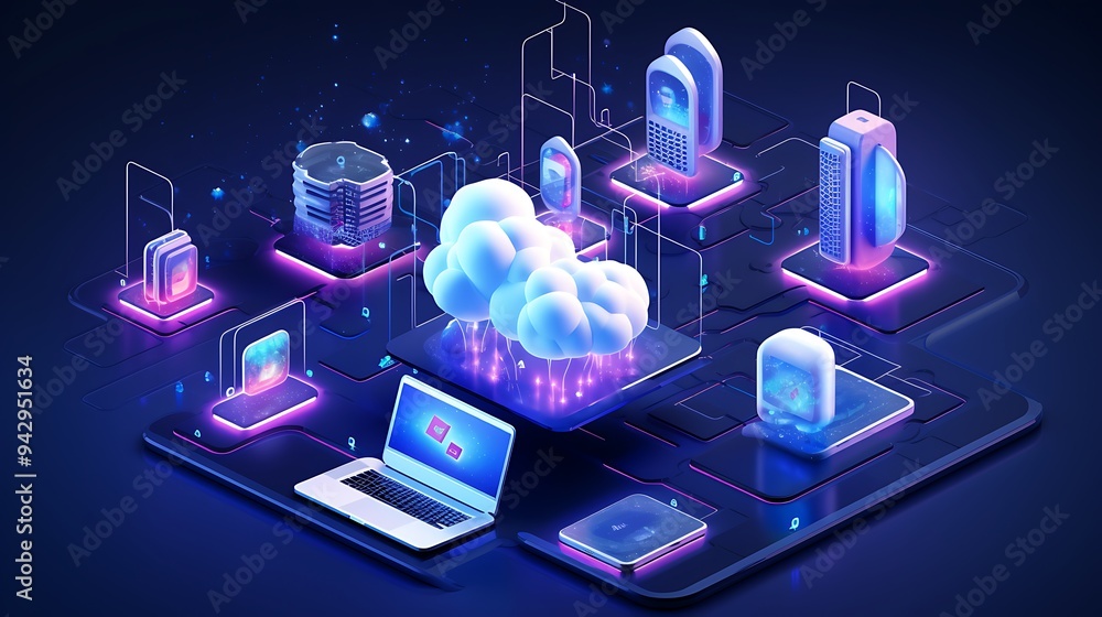 Poster modern cloud technology represented by interconnected digital devices in an isometric style