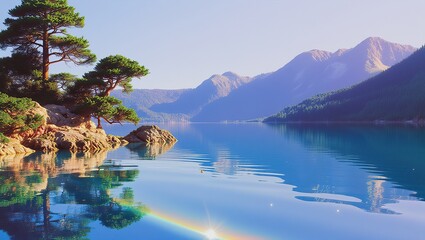 Serene mountain lake with pine trees and tranquil reflections