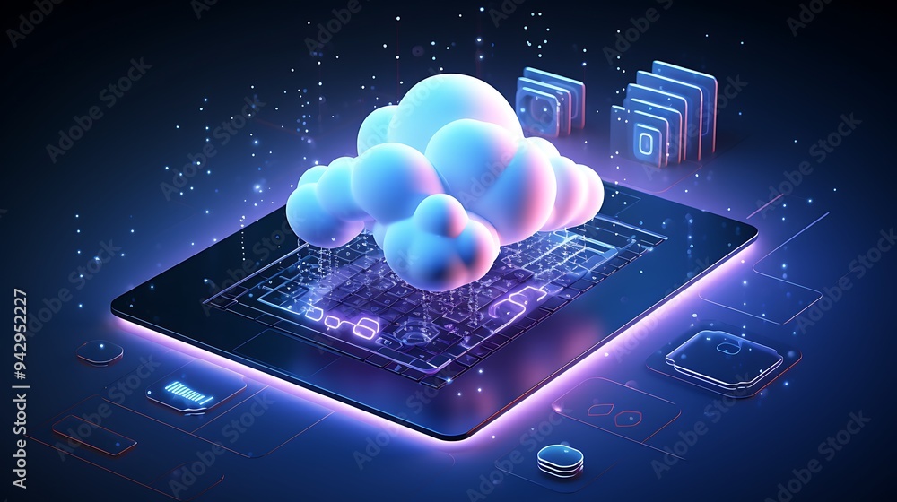 Poster modern cloud technology concept with secure data transfer in a 3d isometric view