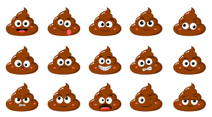 Collection of Cute funny poop with different mood. Set of cartoon poo emoji faces in different expressions - happy, sad, cry, fear, crazy. Vector illustration EPS8 
