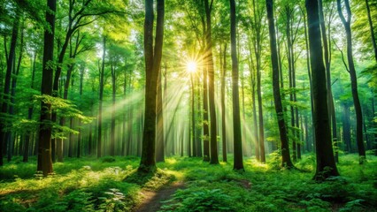 Obraz premium Lush forest background with tall trees, green foliage, and sunlight filtering through the leaves, forest, trees