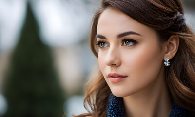 Fototapeta premium Attractive young woman with long hair posing outdoors looking away