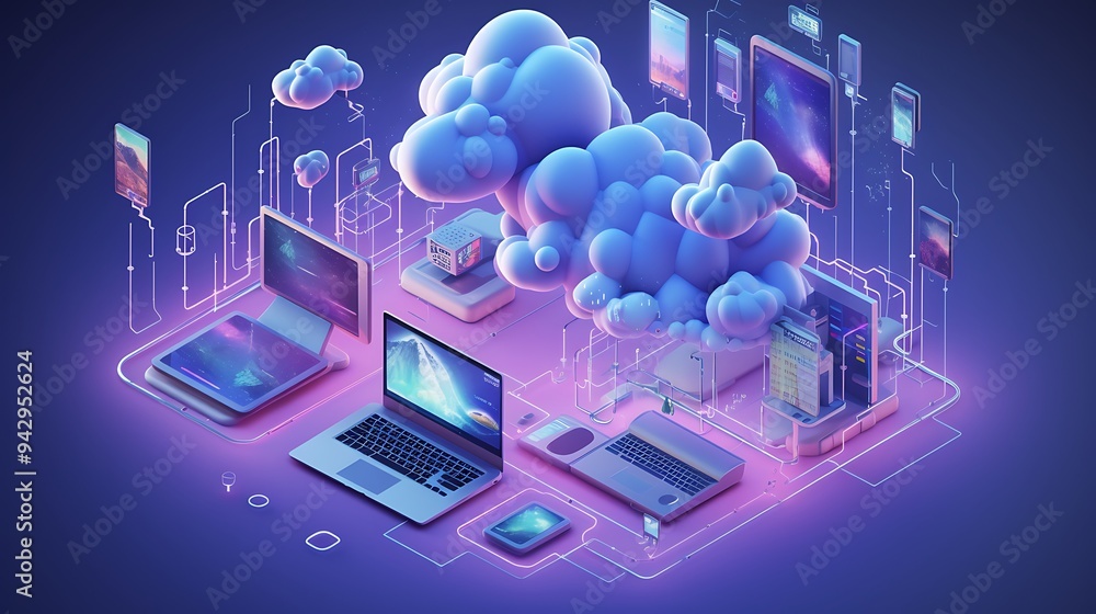 Poster modern cloud technology represented by interconnected digital devices in an isometric style