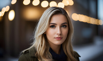Beautiful blond woman posing with bokeh lights in the background