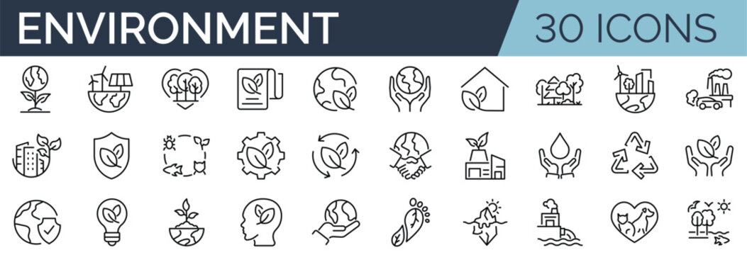 Set of 30 outline icons related to environment. Linear icon collection. Editable stroke. Vector illustration