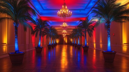 Grand Ballroom Decorated with Potted Palm Trees, Vibrant Chandeliers, and Warm Lighting Highlighted by Red and Blue Uplighting