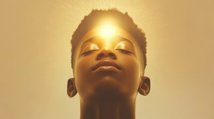 A young man with a sun on his head. The sun is shining on his face and he is looking up
