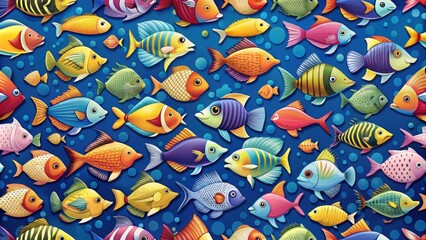 Naklejka premium Seamless pattern design featuring various colorful fishes swimming in a repetitive design, fish, underwater, marine life