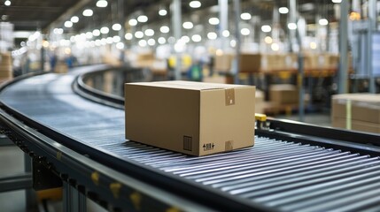 shipping box on a conveyor belt in a warehouse