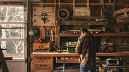 Man working in a woodworking shop, surrounded by tools and materials.
