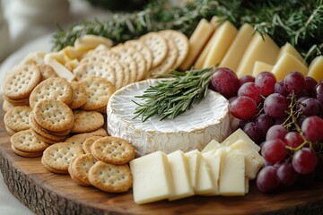 Round brie cheese wheel with grapes and crackers on serving board