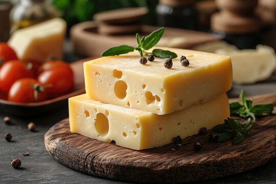 Delicious maasdam cheese with holes on wooden board decorated with herbs and peppercorns