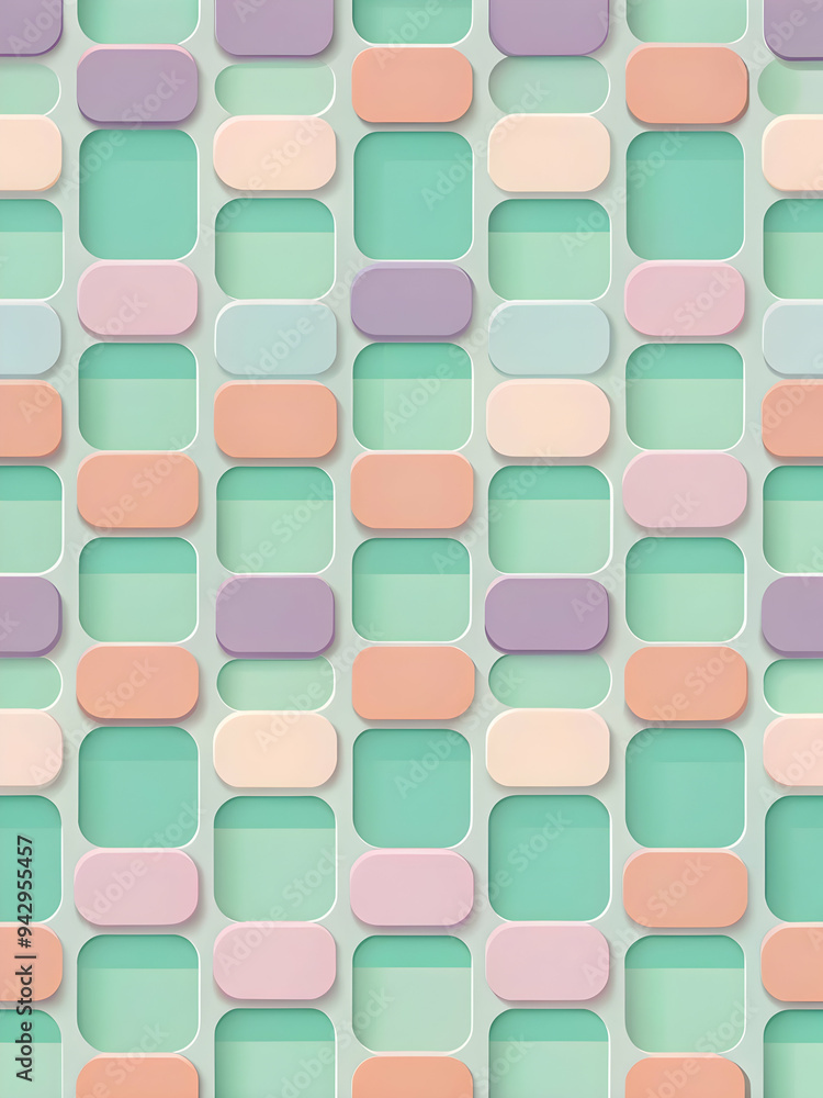 Poster pastel geometric harmony: a repeating pattern of rounded squares in soft pastel hues creates a calmi
