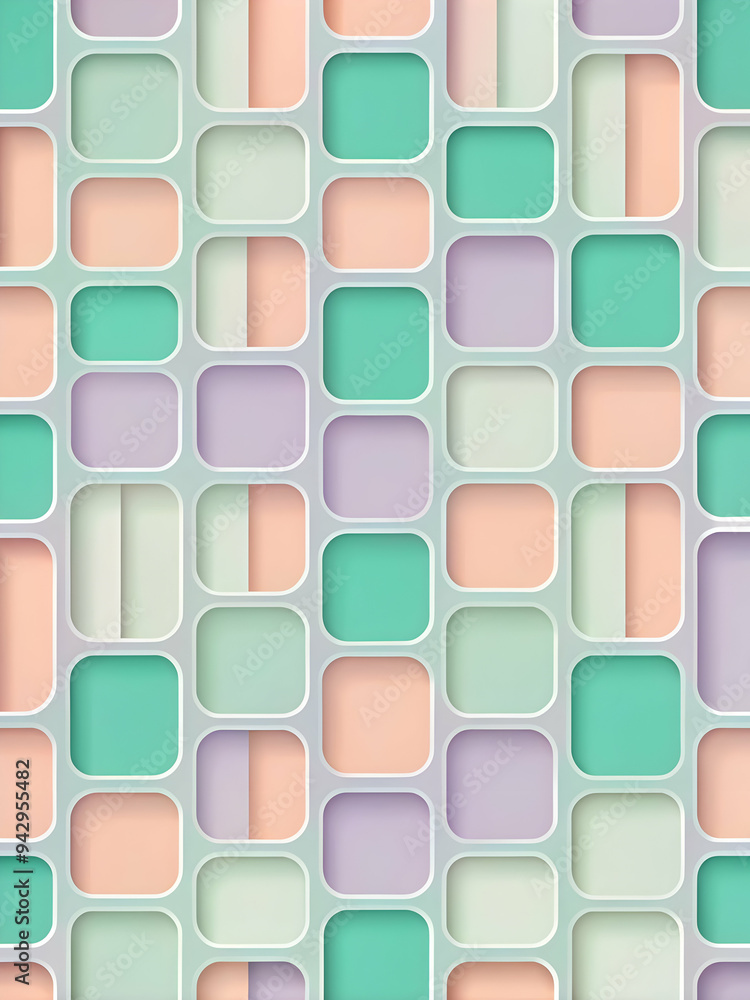 Poster pastel geometric harmony: a repeating pattern of rounded squares in soft pastel hues creates a calmi