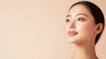 Naklejka premium Elegant Asian woman with glowing skin, captured on a beige background, perfect for promoting facial care, cosmetology, and spa services