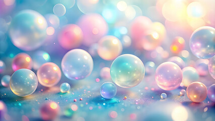Pastel Dream: Shimmering iridescent bubbles float on a soft-focus blue background, evoking a whimsical and magical atmosphere. 