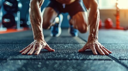 Close up of man's hands pushing off the ground, showcasing strength and determination.