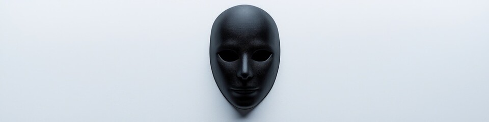 Wide shot of a mysterious black mask set against a vast white background for Halloween.