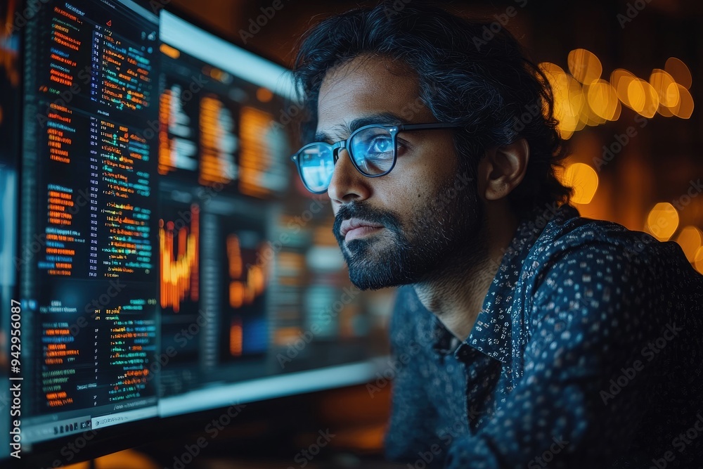 Leinwandbilder Software developer working on computer code at night in office