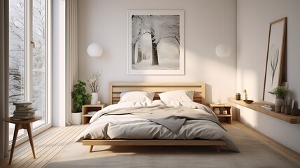 Scandinavian guest room with minimalist decor and natural light