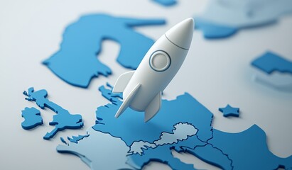 White rocket flying over a map of Europe, white background with blue elements